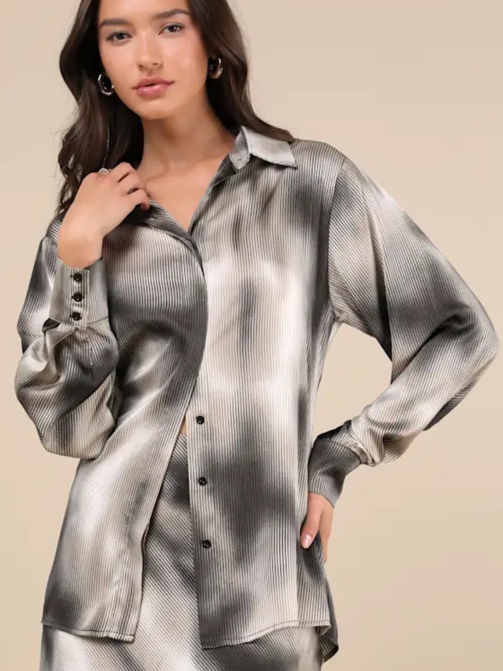 Lulu's Silver Grey Satin Pinstripe Button-Down Shirt and Skirt